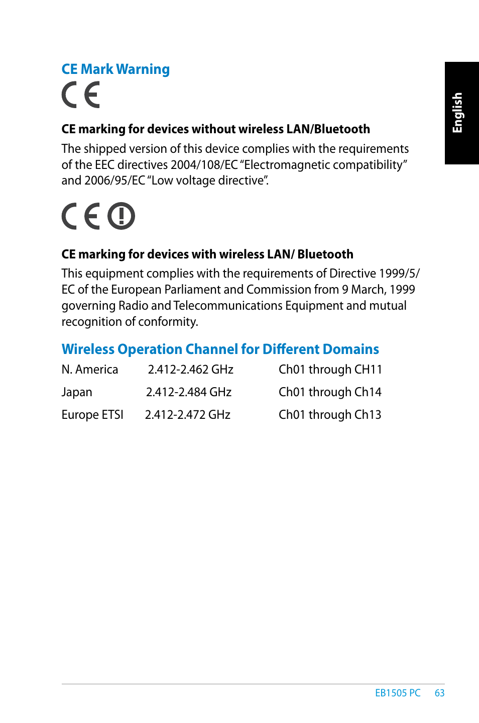 Ce mark warning, Wireless operation channel for different domains | Asus EB1505 User Manual | Page 63 / 66