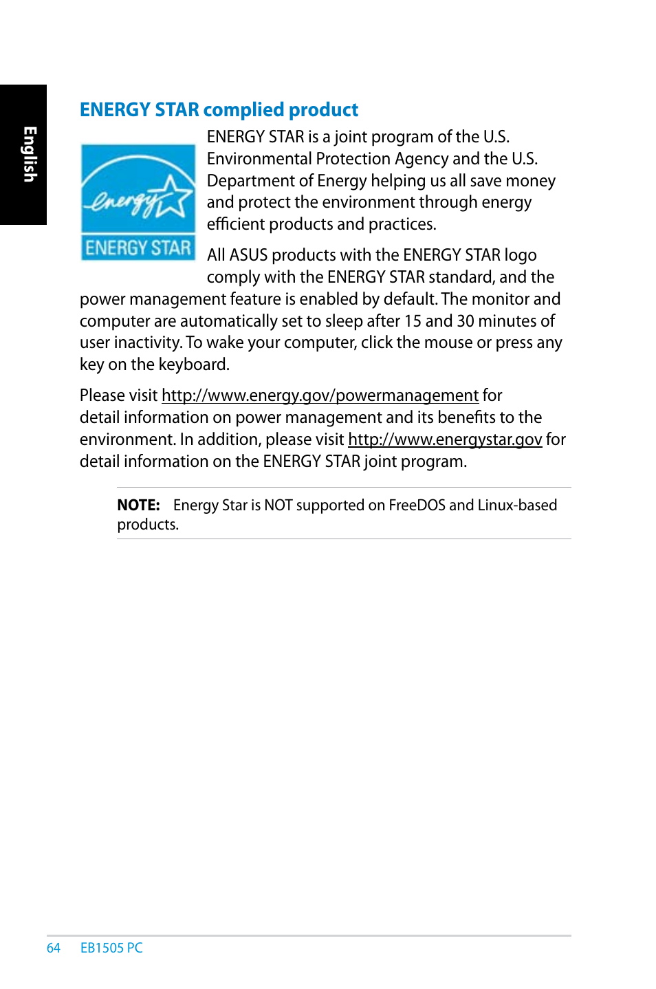 Energy star complied product | Asus EB1505 User Manual | Page 64 / 66