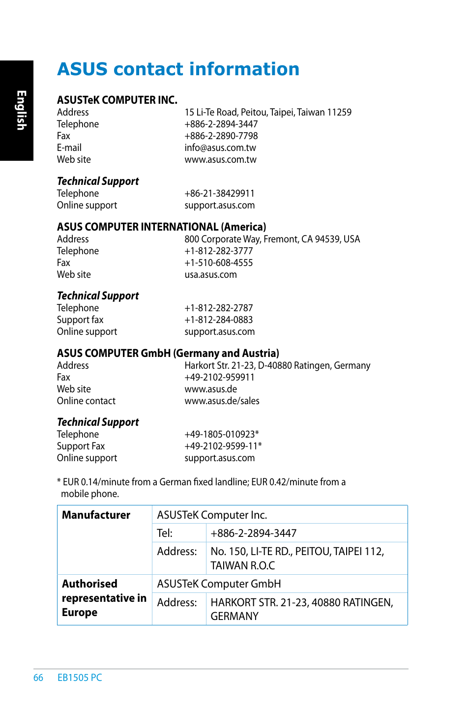 Asus contact information, English | Asus EB1505 User Manual | Page 66 / 66