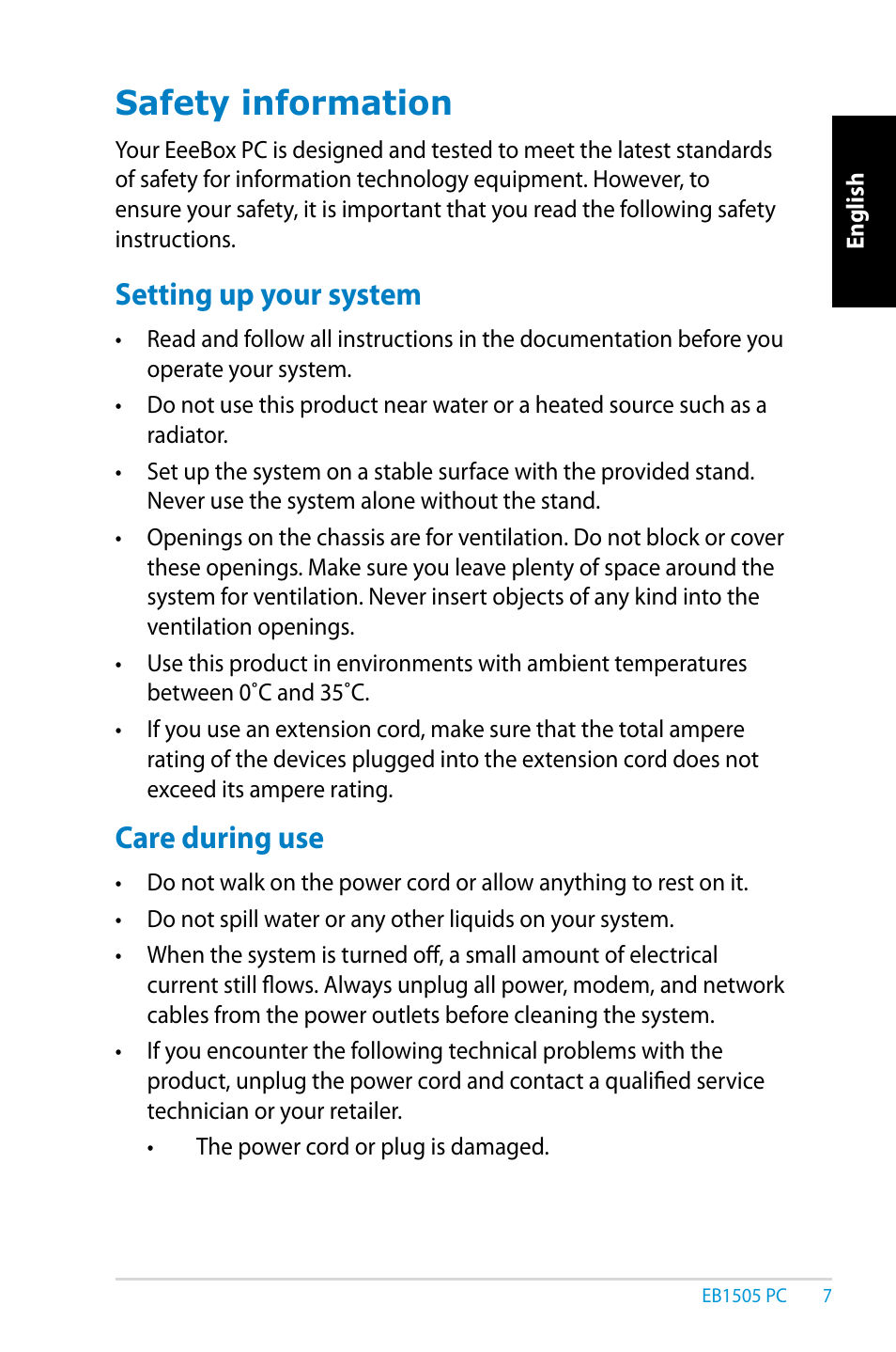 Safety information, Setting up your system, Care during use | Setting up your system care during use | Asus EB1505 User Manual | Page 7 / 66