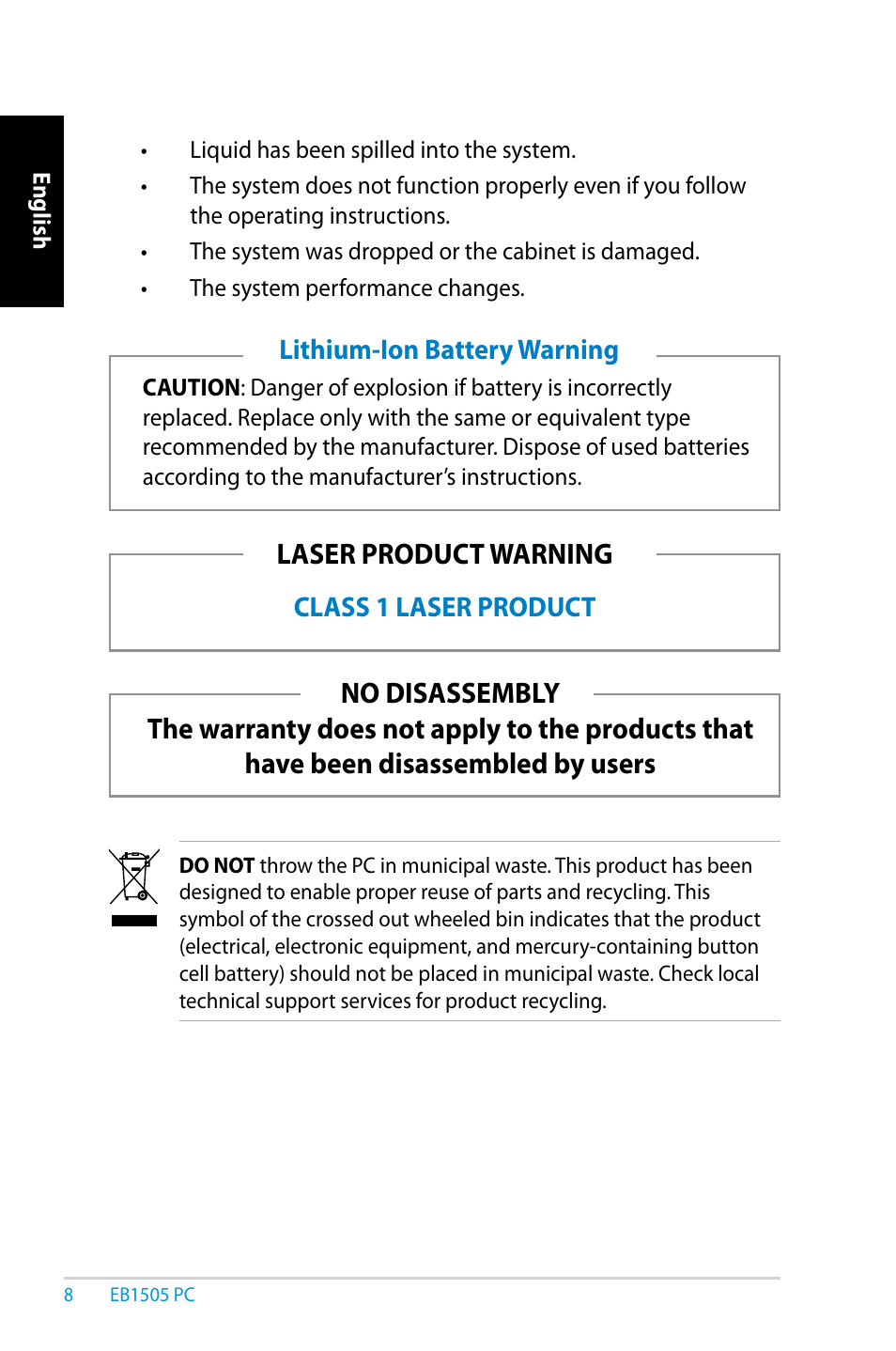 Class 1 laser product lithium-ion battery warning | Asus EB1505 User Manual | Page 8 / 66