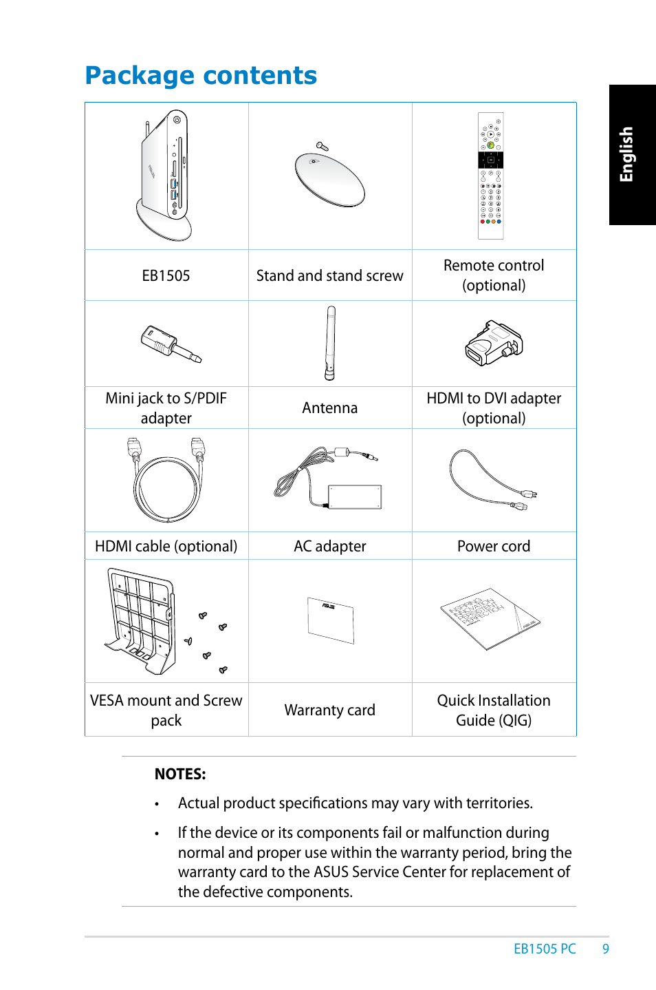 Package contents | Asus EB1505 User Manual | Page 9 / 66