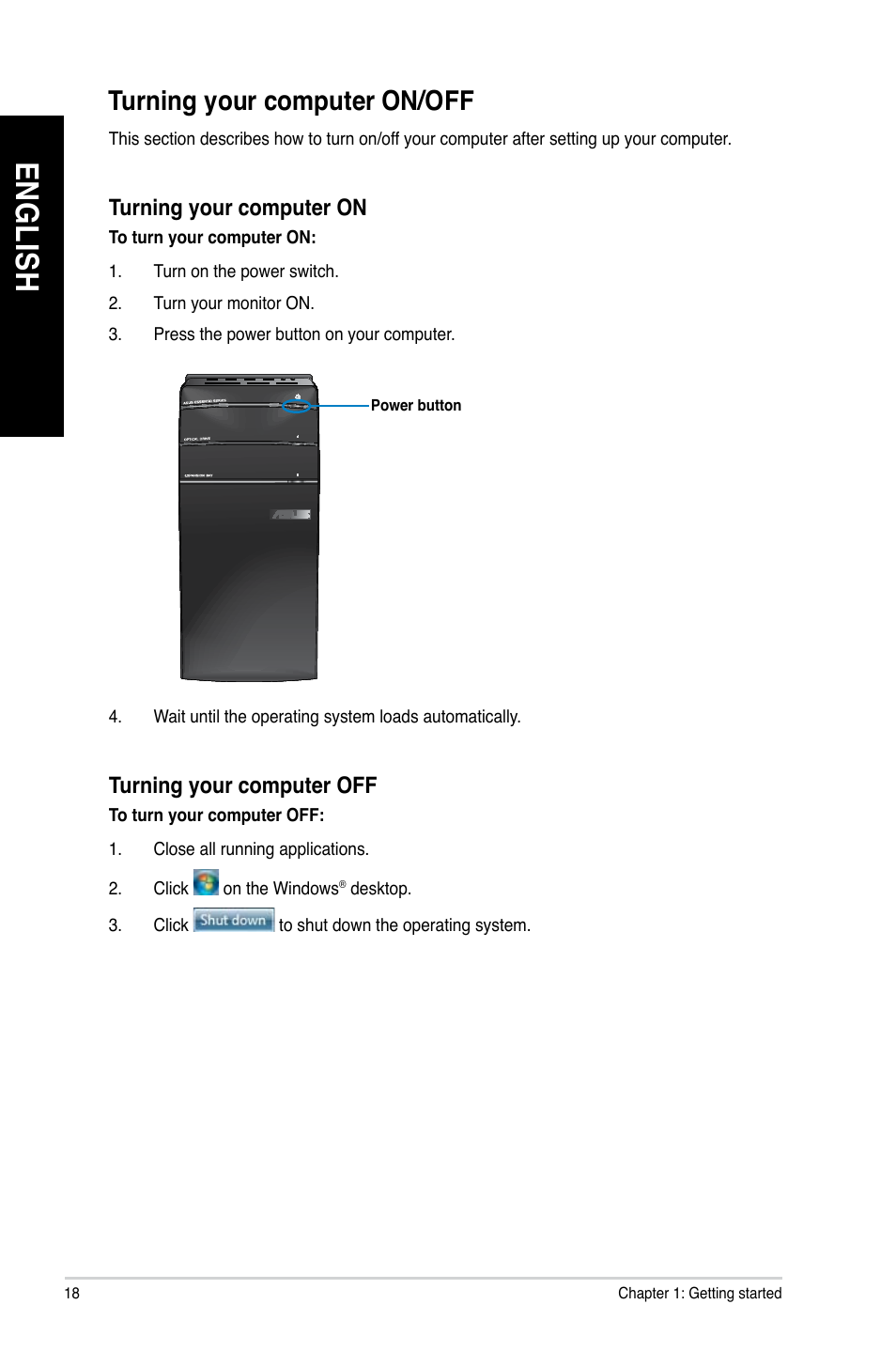 Turning your computer on/off, En gl is h en gl is h | Asus CM1830 User Manual | Page 18 / 68