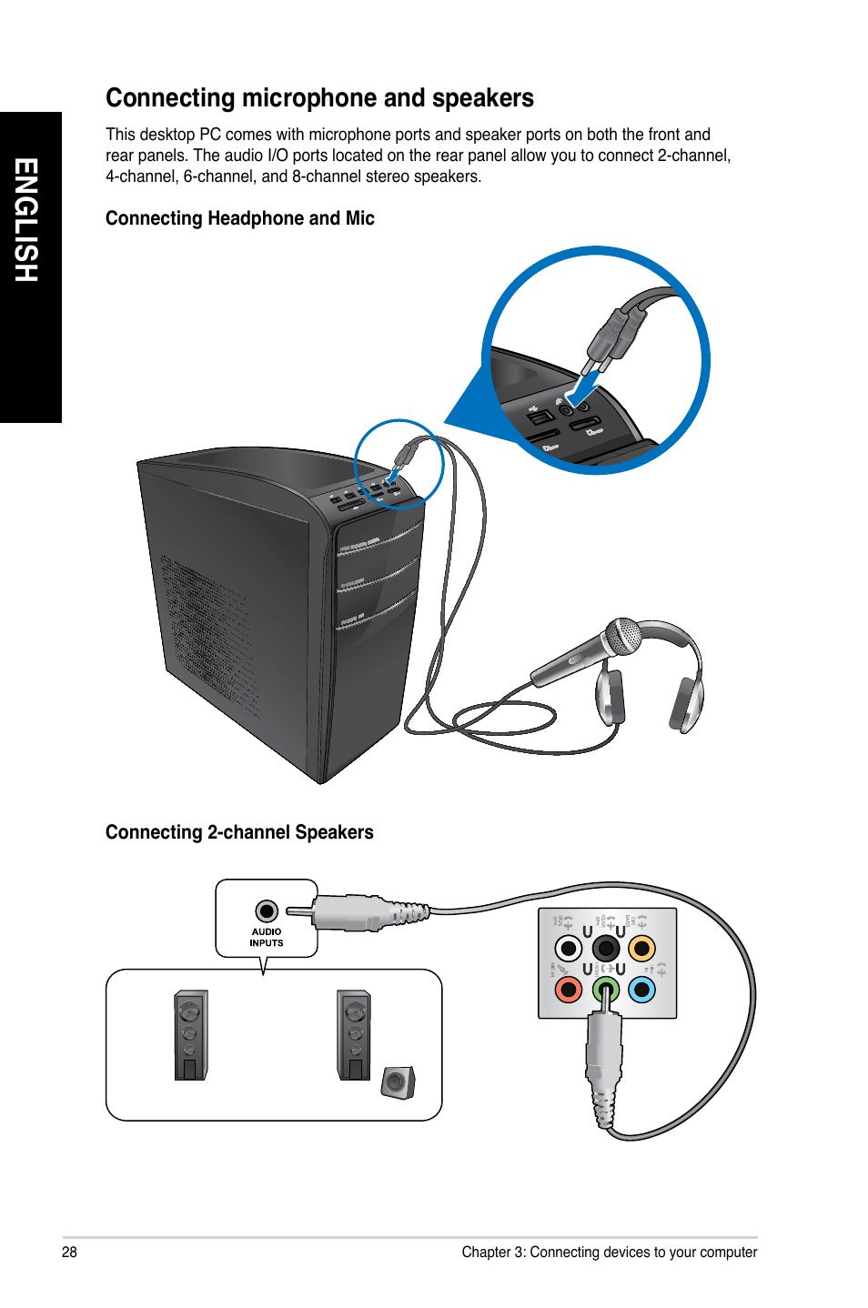 Connecting microphone and speakers, En gl is h en gl is h en gl is h en gl is h | Asus CM1830 User Manual | Page 28 / 68