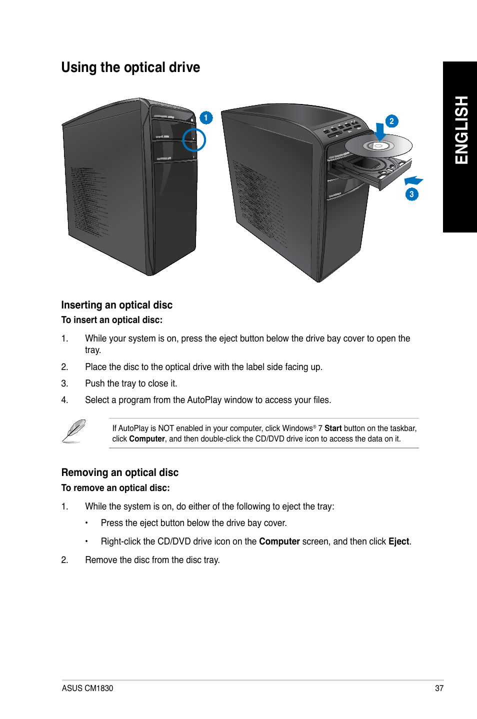 Using the optical drive, En gl is h en gl is h | Asus CM1830 User Manual | Page 37 / 68