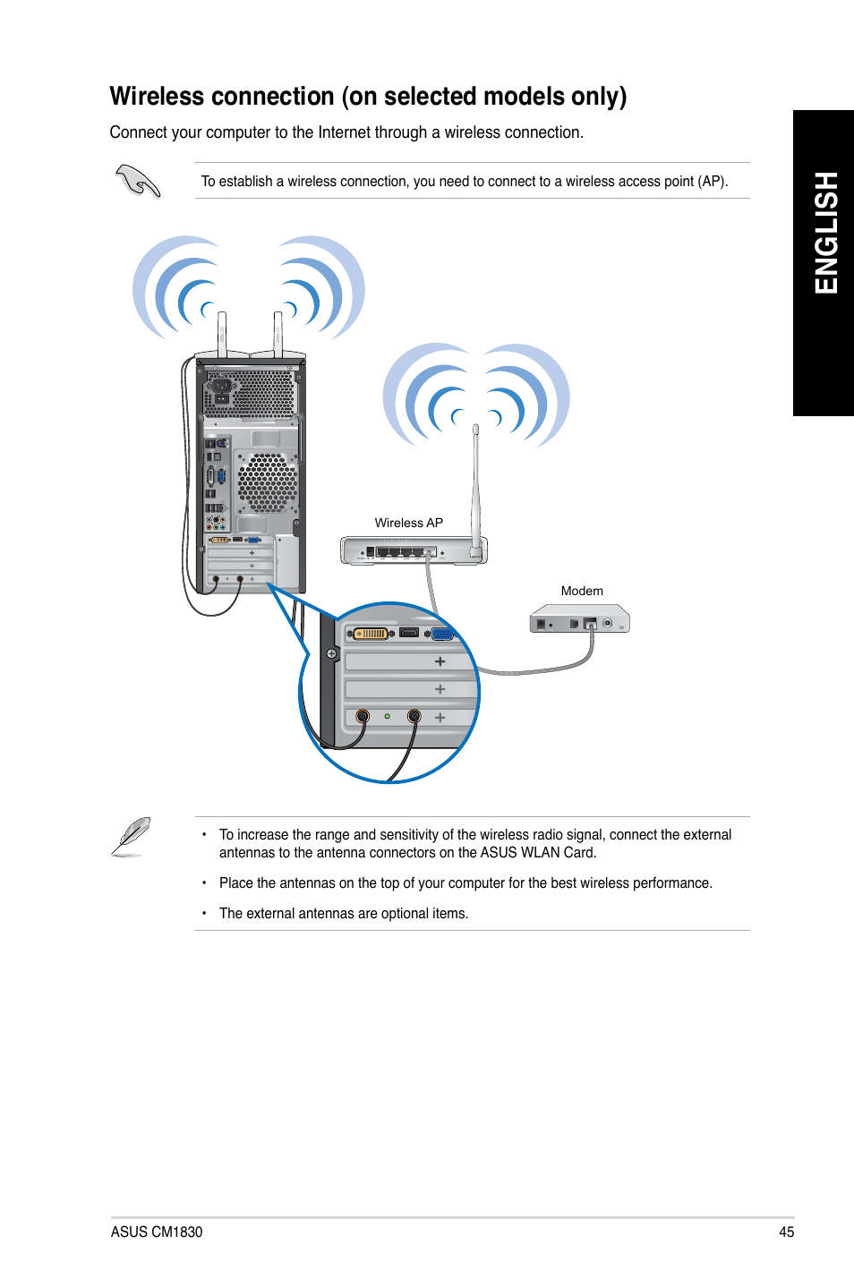 Wireless connection (on selected models only), En gl is h en gl is h | Asus CM1830 User Manual | Page 45 / 68