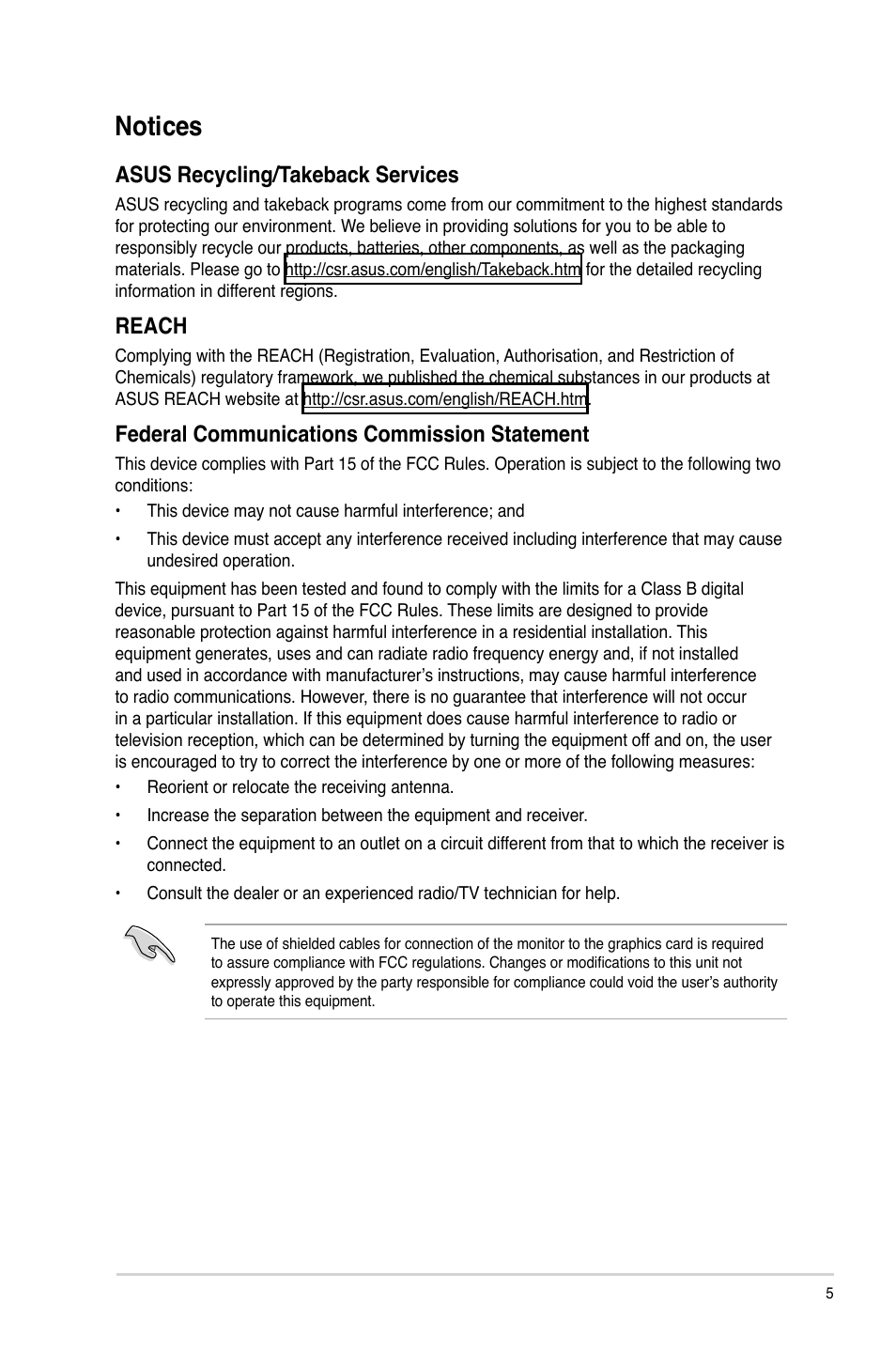 Notices, Asus recycling/takeback services, Reach | Federal communications commission statement | Asus CM1830 User Manual | Page 5 / 68