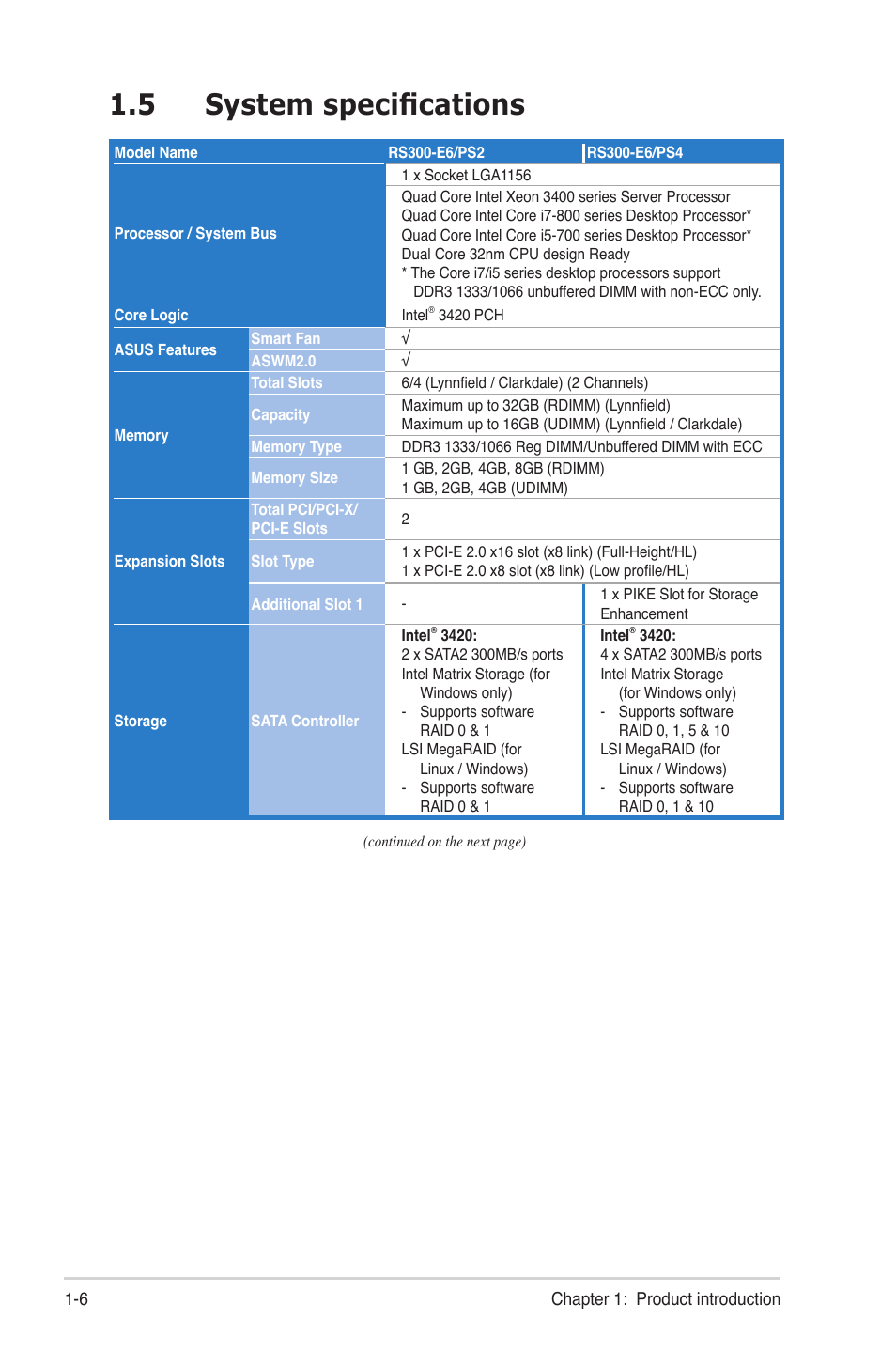 5 system specifications, System specifications -6 | Asus RS300-E6/PS4 User Manual | Page 10 / 22