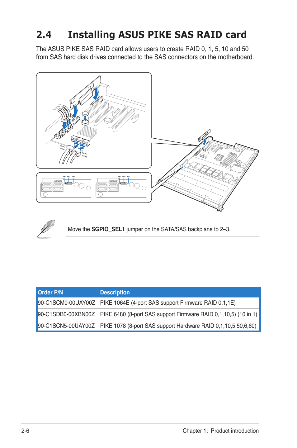 4 installing asus pike sas raid card, Installing asus pike sas raid card -6, Chapter 1: product introduction 2-6 | Asus RS300-E6/PS4 User Manual | Page 18 / 22