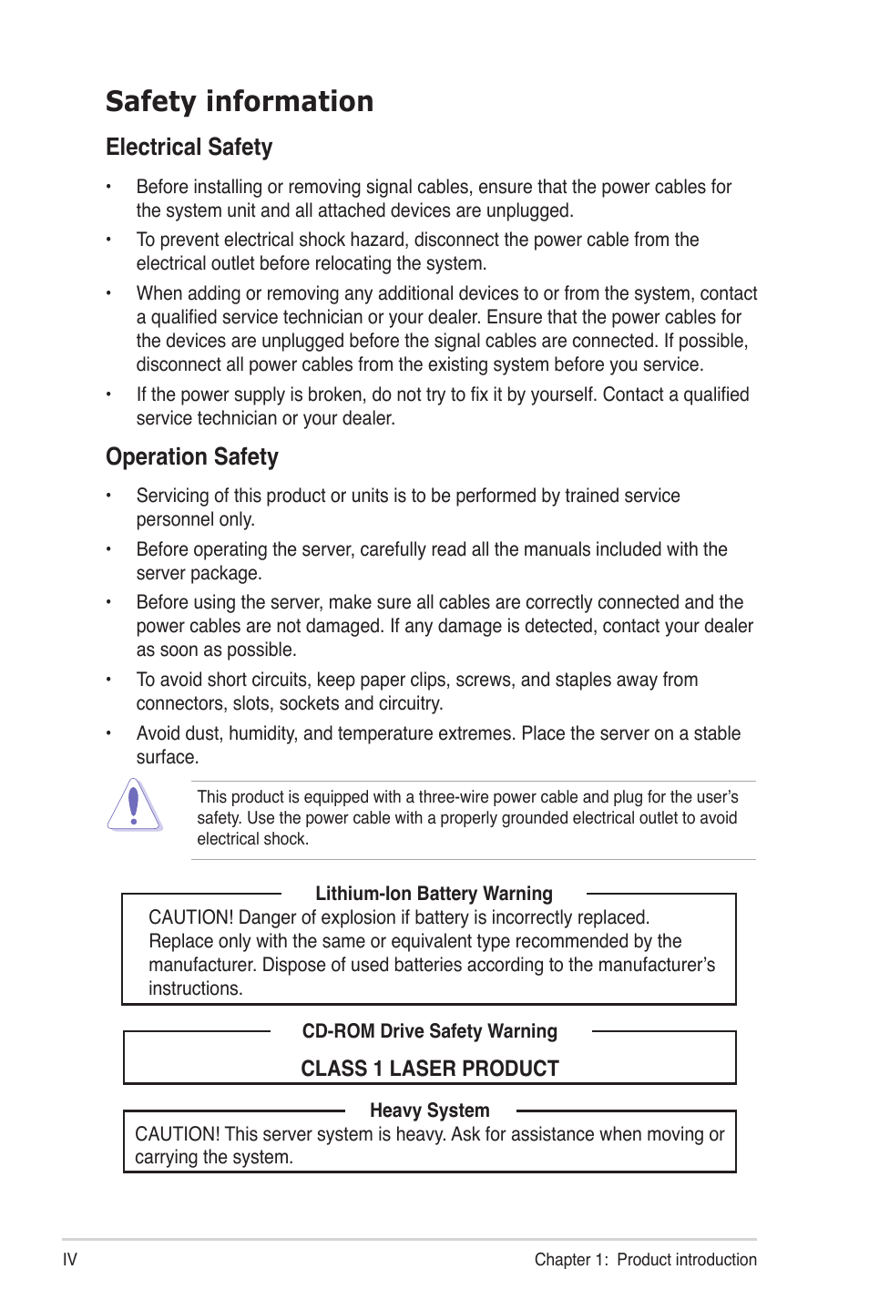 Safety information, Electrical safety, Operation safety | Asus RS300-E6/PS4 User Manual | Page 4 / 22