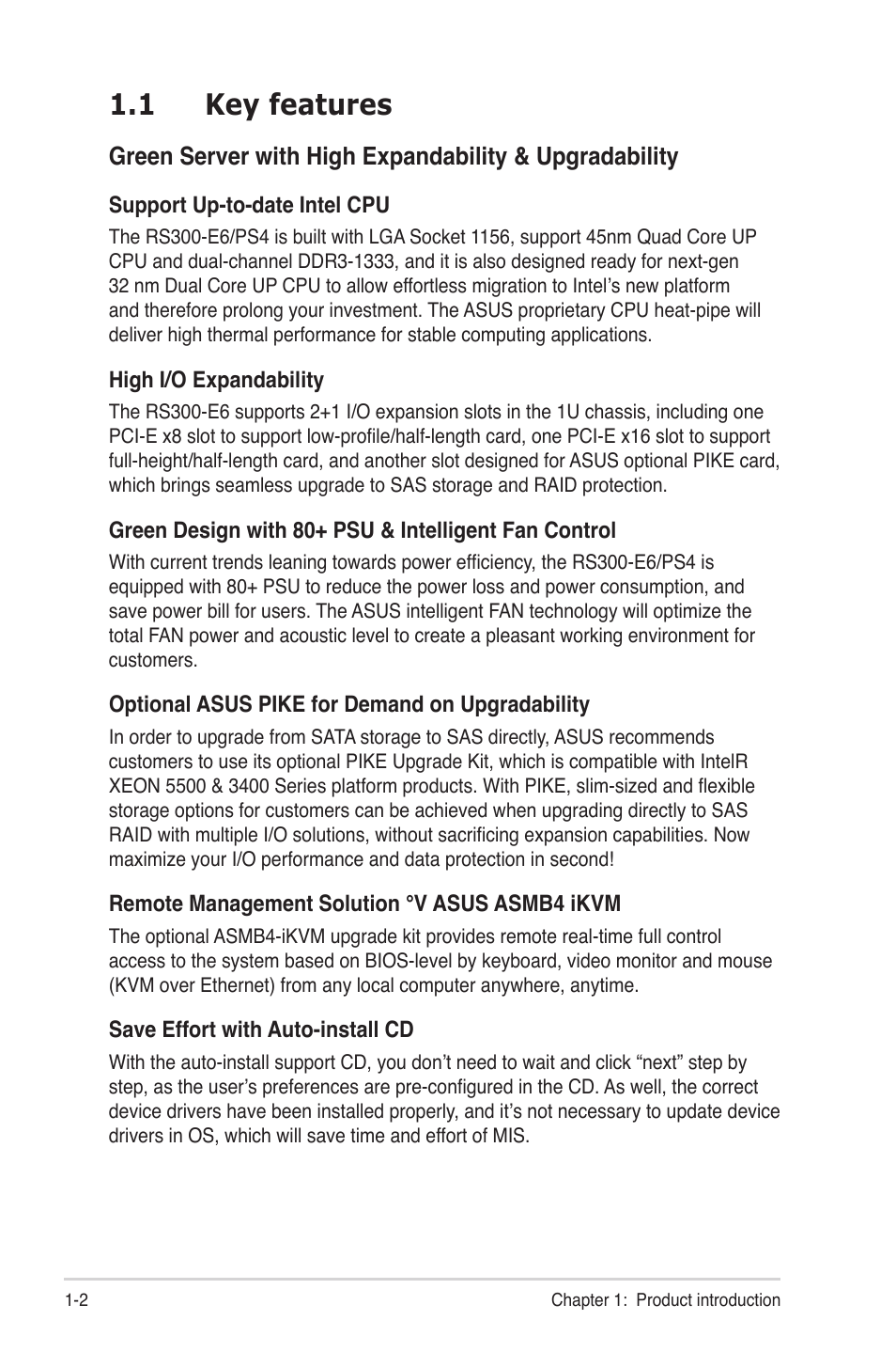 1 key features, Key features -2 | Asus RS300-E6/PS4 User Manual | Page 6 / 22