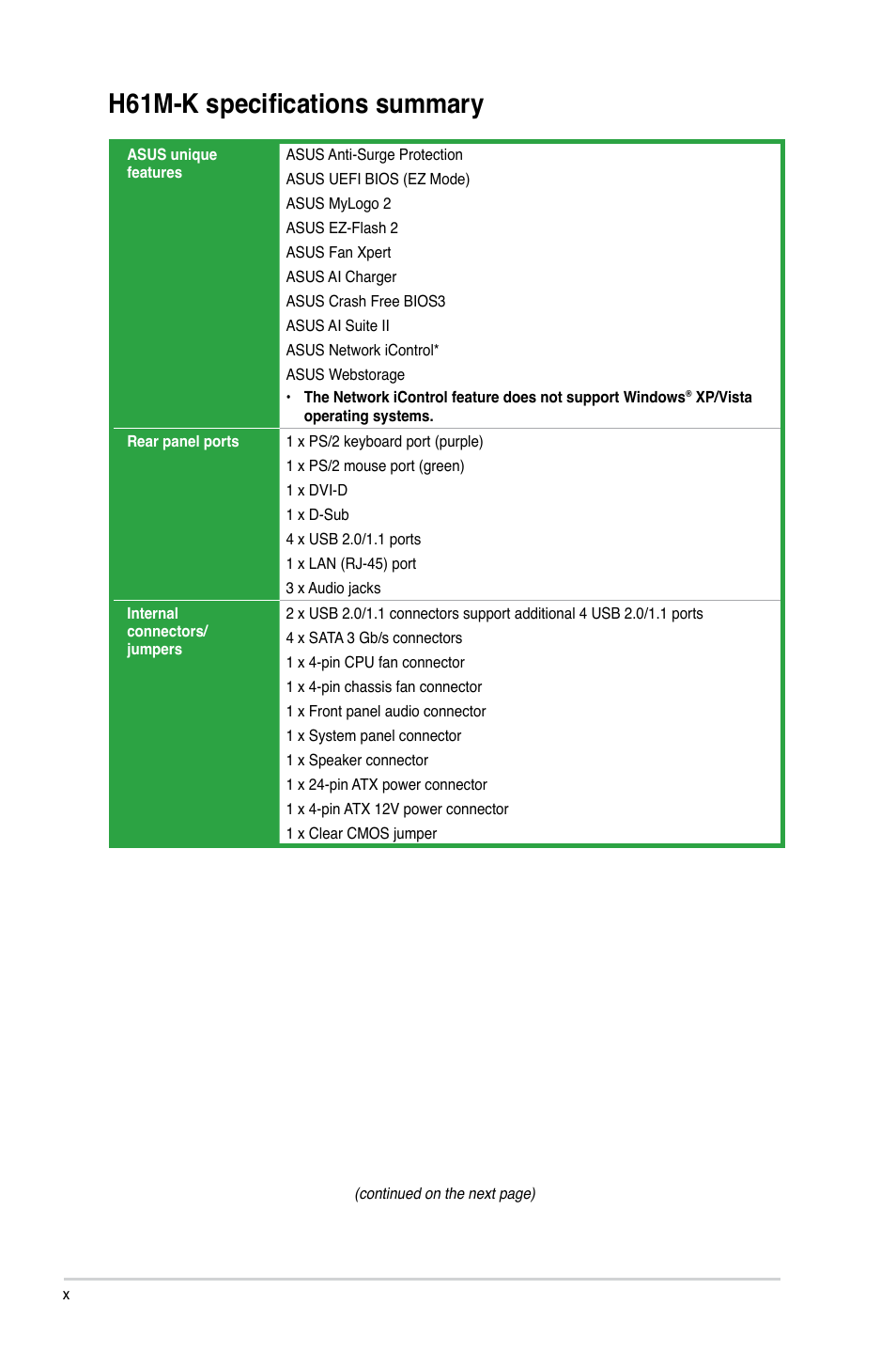 H61m-k specifications summary | Asus H61M-K User Manual | Page 10 / 82