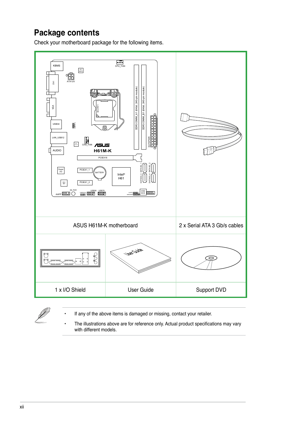 Package contents, User guide, 1 x i/o shield user guide support dvd | H61m-k | Asus H61M-K User Manual | Page 12 / 82