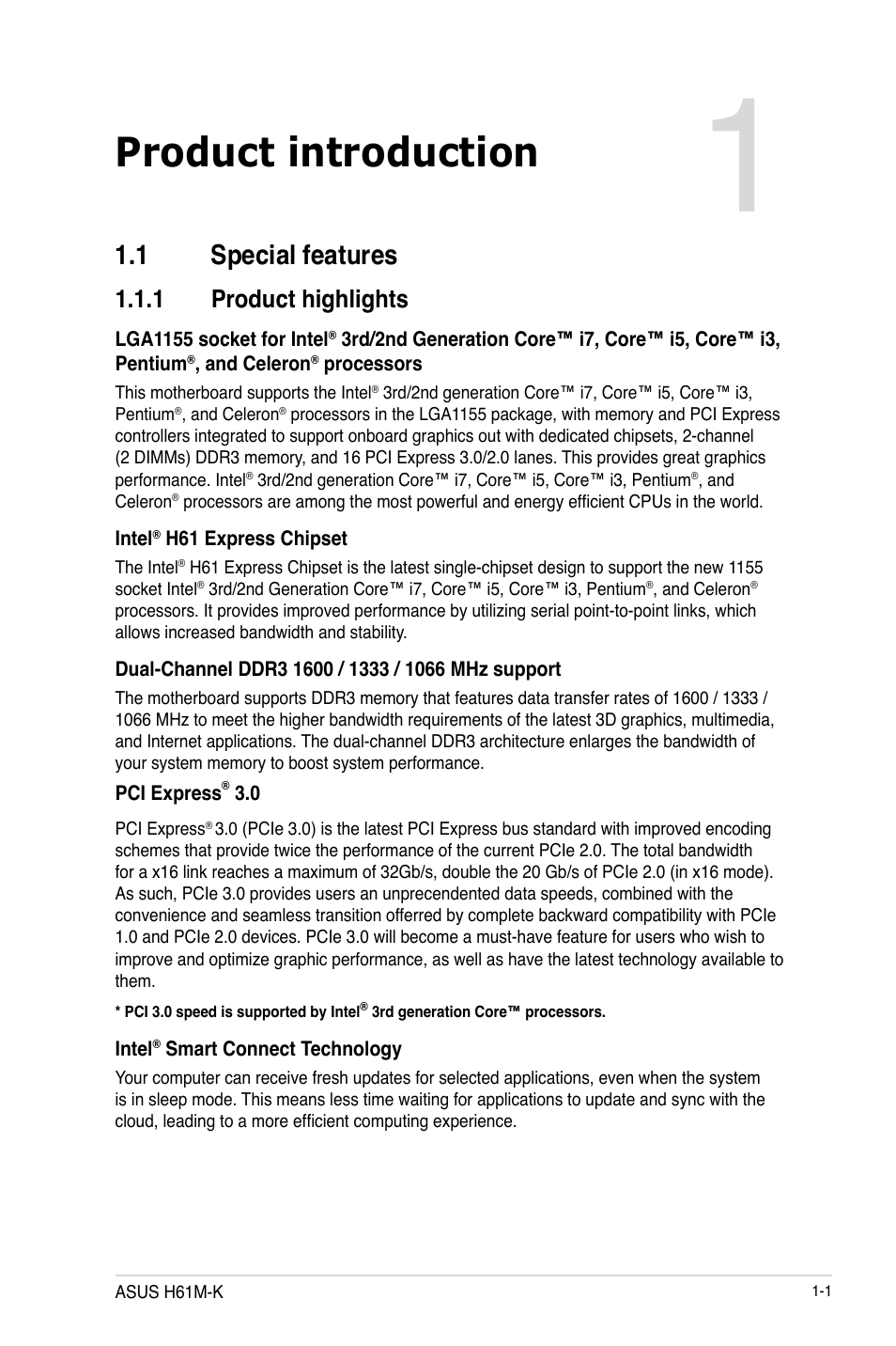 Product introduction, 1 special features, 1 product highlights | 1 special features -1, Product highlights -1 | Asus H61M-K User Manual | Page 13 / 82