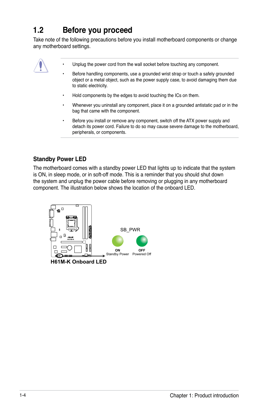 2 before you proceed, 2 before you proceed -4, Standby power led | Asus H61M-K User Manual | Page 16 / 82