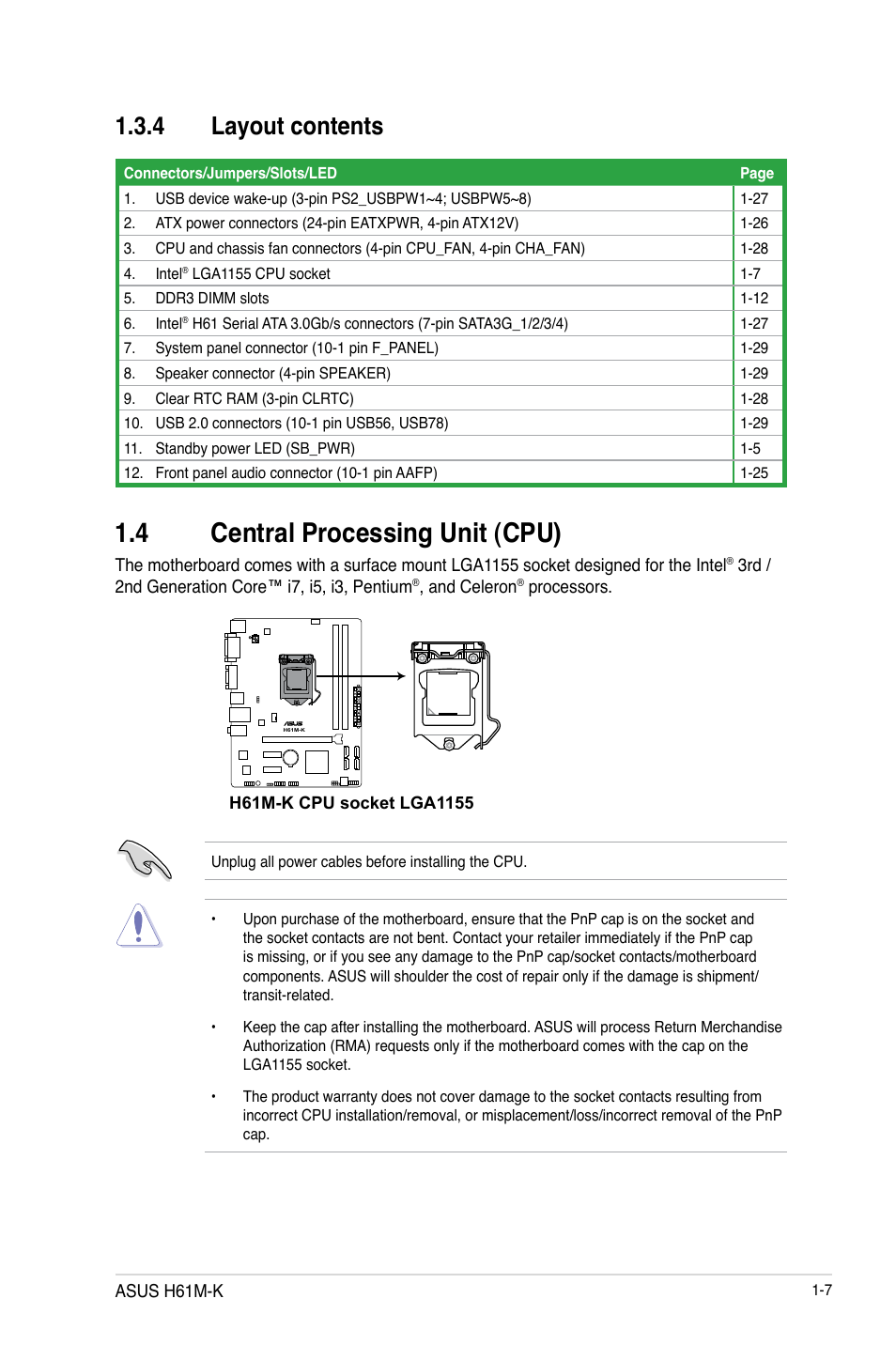 4 layout contents, 4 central processing unit (cpu), Layout contents -7 | 4 central processing unit (cpu) -7 | Asus H61M-K User Manual | Page 19 / 82