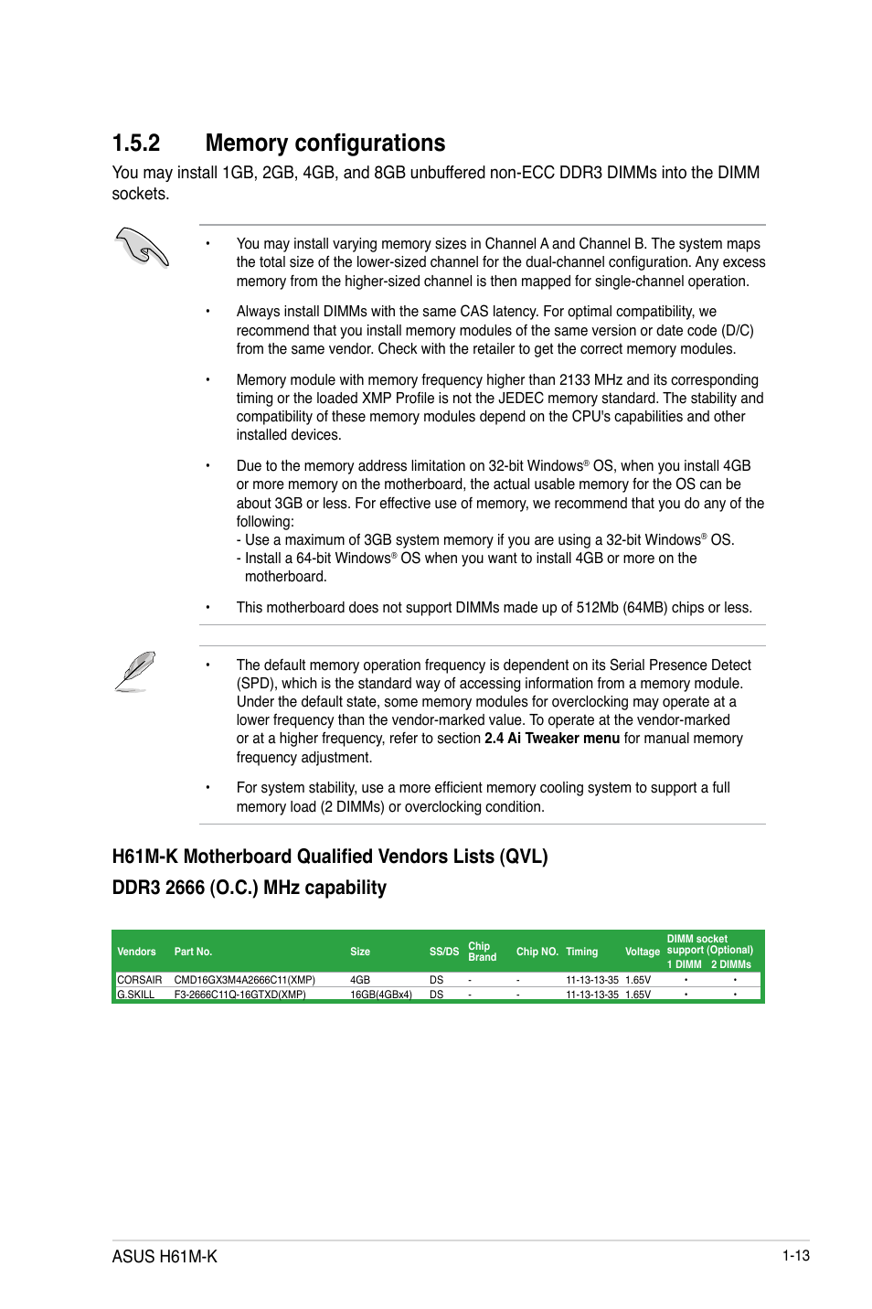 2 memory configurations, Memory configurations -13, Asus h61m-k | Asus H61M-K User Manual | Page 25 / 82