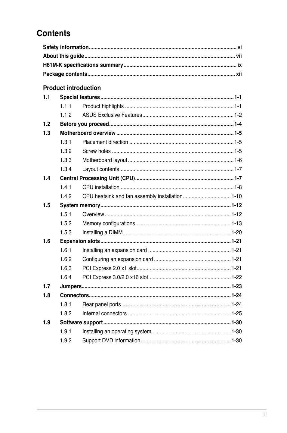 Asus H61M-K User Manual | Page 3 / 82