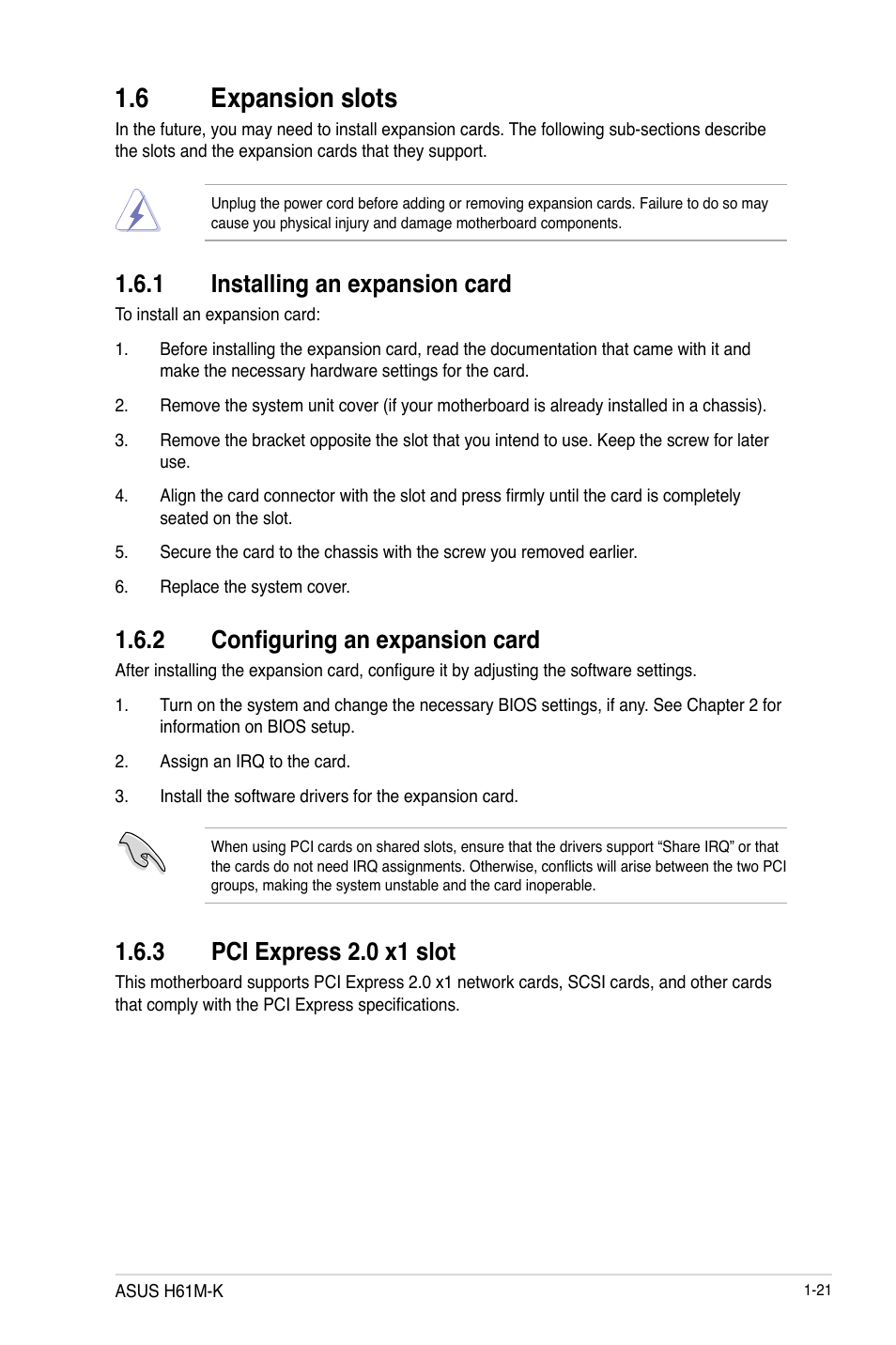 6 expansion slots, 1 installing an expansion card, 2 configuring an expansion card | 3 pci express 2.0 x1 slot, 6 expansion slots -21, Installing an expansion card -21, Configuring an expansion card -21, Pci express 2.0 x1 slot -21 | Asus H61M-K User Manual | Page 33 / 82