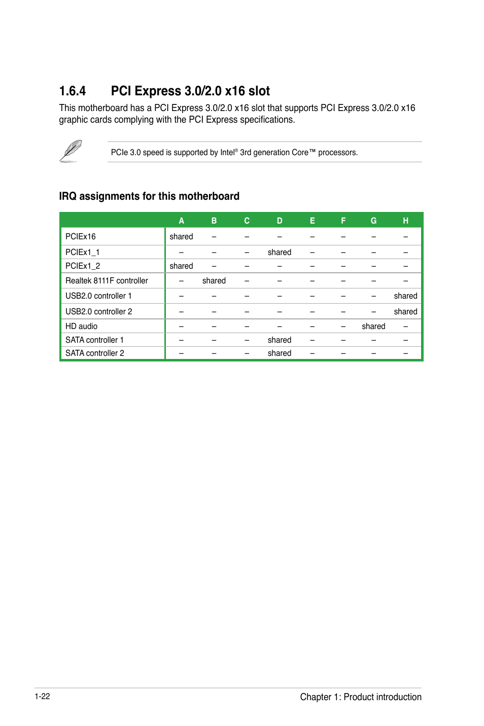 4 pci express 3.0/2.0 x16 slot, Pci express 3.0/2.0 x16 slot -22, Irq assignments for this motherboard | Asus H61M-K User Manual | Page 34 / 82