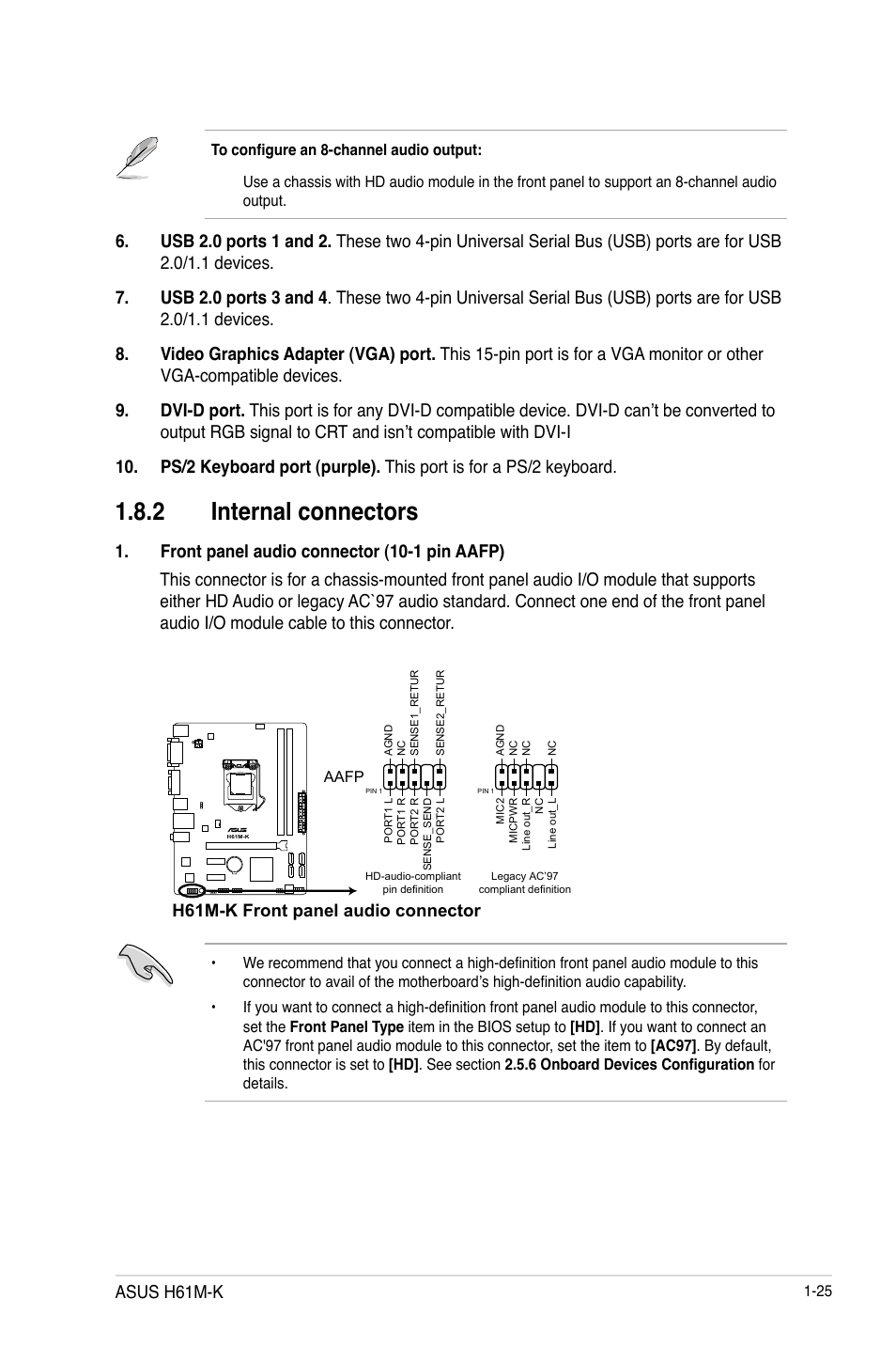 2 internal connectors, Internal connectors -25, Asus h61m-k | Asus H61M-K User Manual | Page 37 / 82