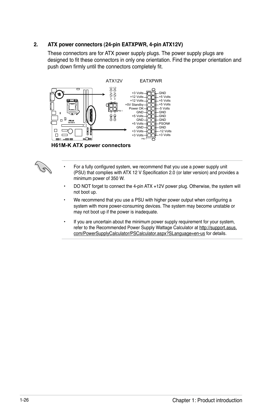 Chapter 1: product introduction, H61m-k atx power connectors | Asus H61M-K User Manual | Page 38 / 82