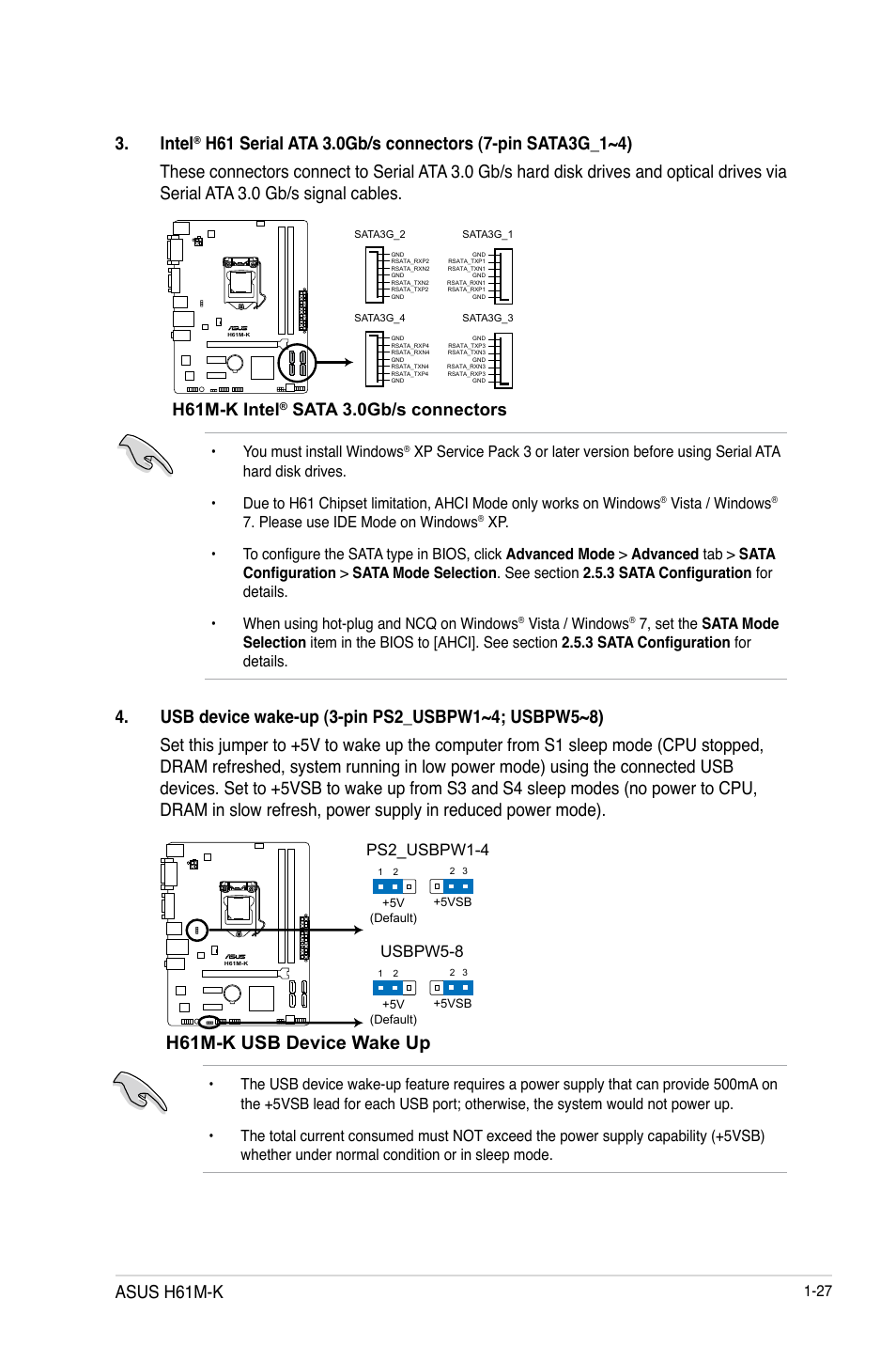 H61m-k usb device wake up, Intel, Asus h61m-k | H61m-k intel, Sata 3.0gb/s connectors, Usbpw5-8, Ps2_usbpw1-4, You must install windows, Vista / windows, Please use ide mode on windows | Asus H61M-K User Manual | Page 39 / 82