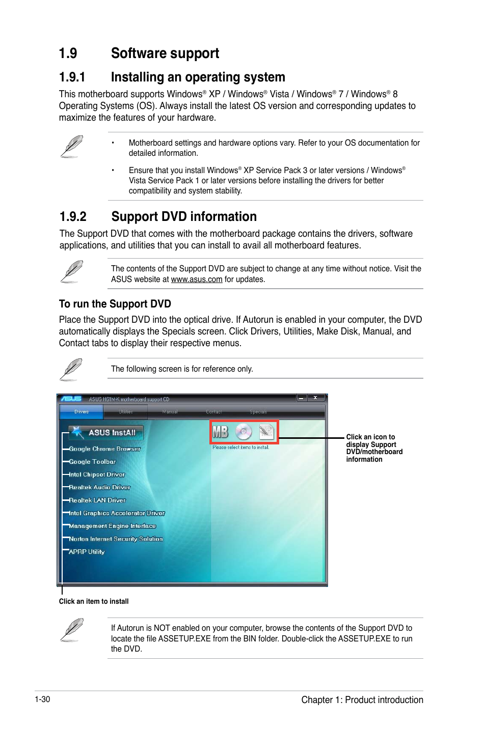 9 software support, 1 installing an operating system, 2 support dvd information | 9 software support -30, Installing an operating system -30, Support dvd information -30 | Asus H61M-K User Manual | Page 42 / 82