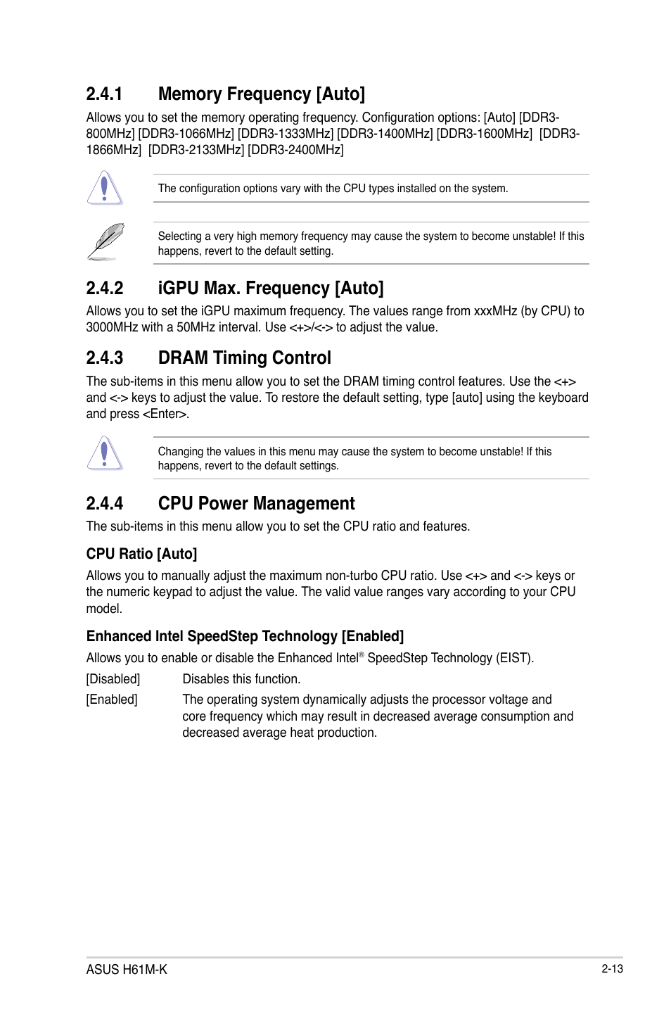 1 memory frequency [auto, 2 igpu max. frequency [auto, 3 dram timing control | 4 cpu power management, Memory frequency [auto] -13, Igpu max. frequency [auto] -13, Dram timing control -13, Cpu power management -13 | Asus H61M-K User Manual | Page 55 / 82