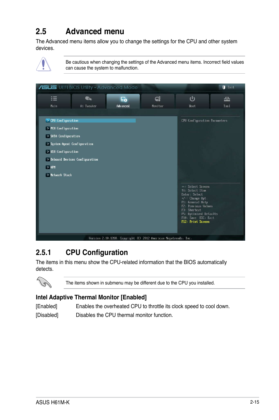 5 advanced menu, 1 cpu configuration, 5 advanced menu -15 | Cpu configuration -15 | Asus H61M-K User Manual | Page 57 / 82