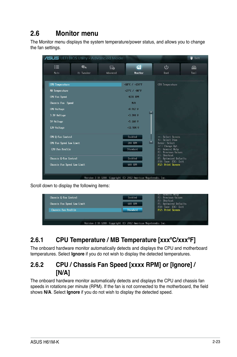 6 monitor menu, 1 cpu temperature / mb temperature [xxxºc/xxxºf, 6 monitor menu -23 | Cpu temperature / mb temperature [xxxºc/xxxºf] -23 | Asus H61M-K User Manual | Page 65 / 82
