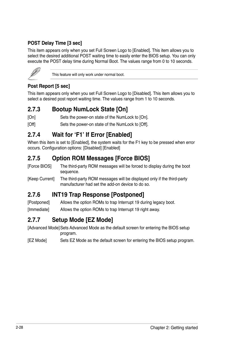 3 bootup numlock state [on, 4 wait for ‘f1’ if error [enabled, 5 option rom messages [force bios | 6 int19 trap response [postponed, 7 setup mode [ez mode, Bootup numlock state [on] -28, Wait for ‘f1’ if error [enabled] -28, Option rom messages [force bios] -28, Int19 trap response [postponed] -28, Setup mode [ez mode] -28 | Asus H61M-K User Manual | Page 70 / 82