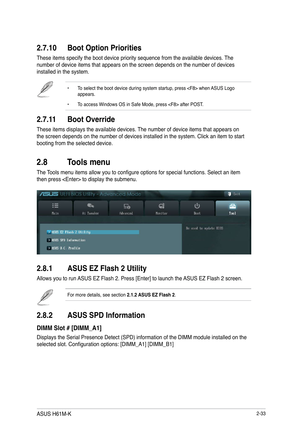 10 boot option priorities, 11 boot override, 8 tools menu | 1 asus ez flash 2 utility, 2 asus spd information, 8 tools menu -33, Asus ez flash 2 utility -33, Asus spd information -33 | Asus H61M-K User Manual | Page 75 / 82