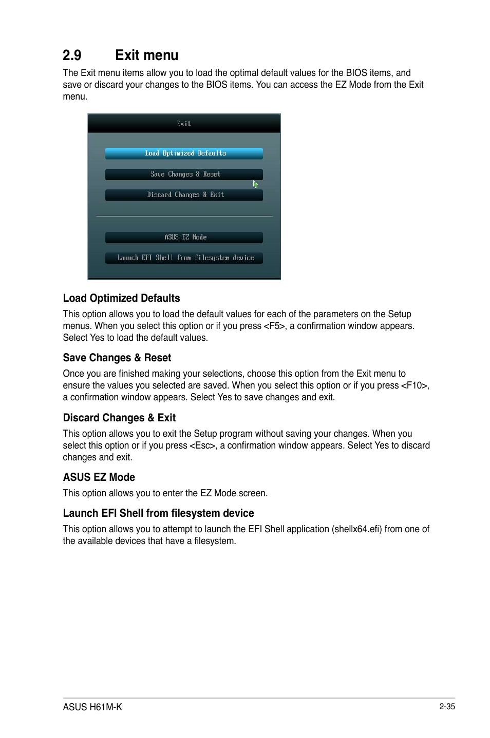 9 exit menu, 9 exit menu -35 | Asus H61M-K User Manual | Page 77 / 82