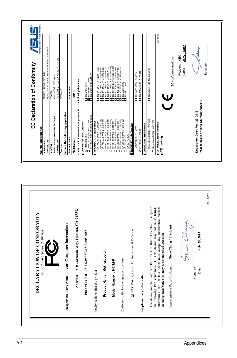 Declaration of conformity, Appendices ec declaration of conformity, Asu s c om pu te r in te rn at io na l | Address: 800 corporate way, fremont | Asus H61M-K User Manual | Page 82 / 82