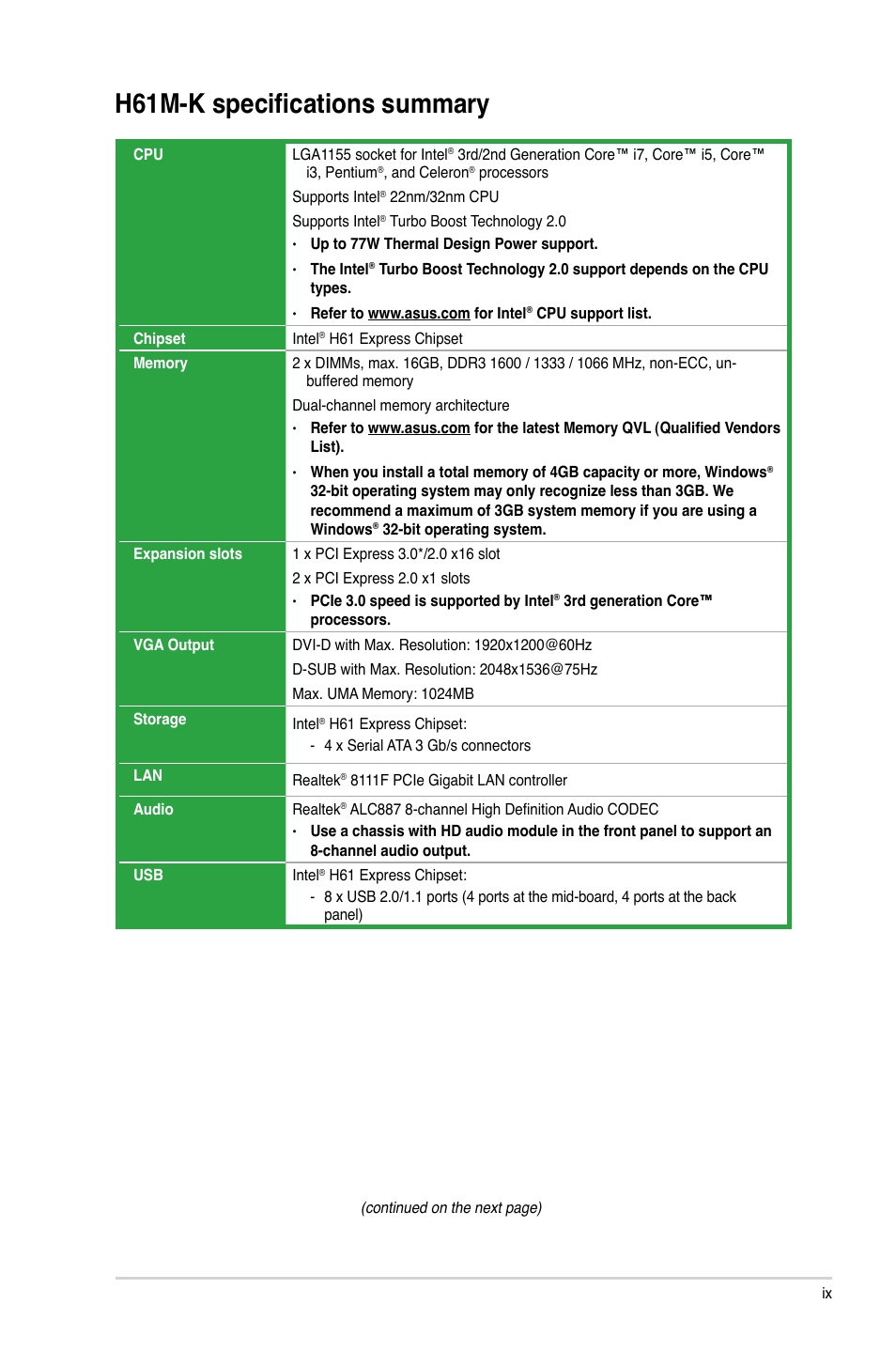 H61m-k specifications summary | Asus H61M-K User Manual | Page 9 / 82