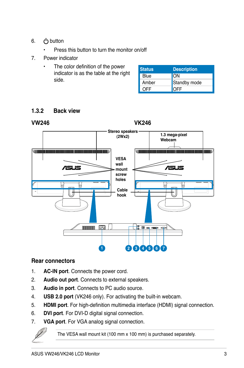 2 back view rear connectors | Asus VW246H User Manual | Page 11 / 22