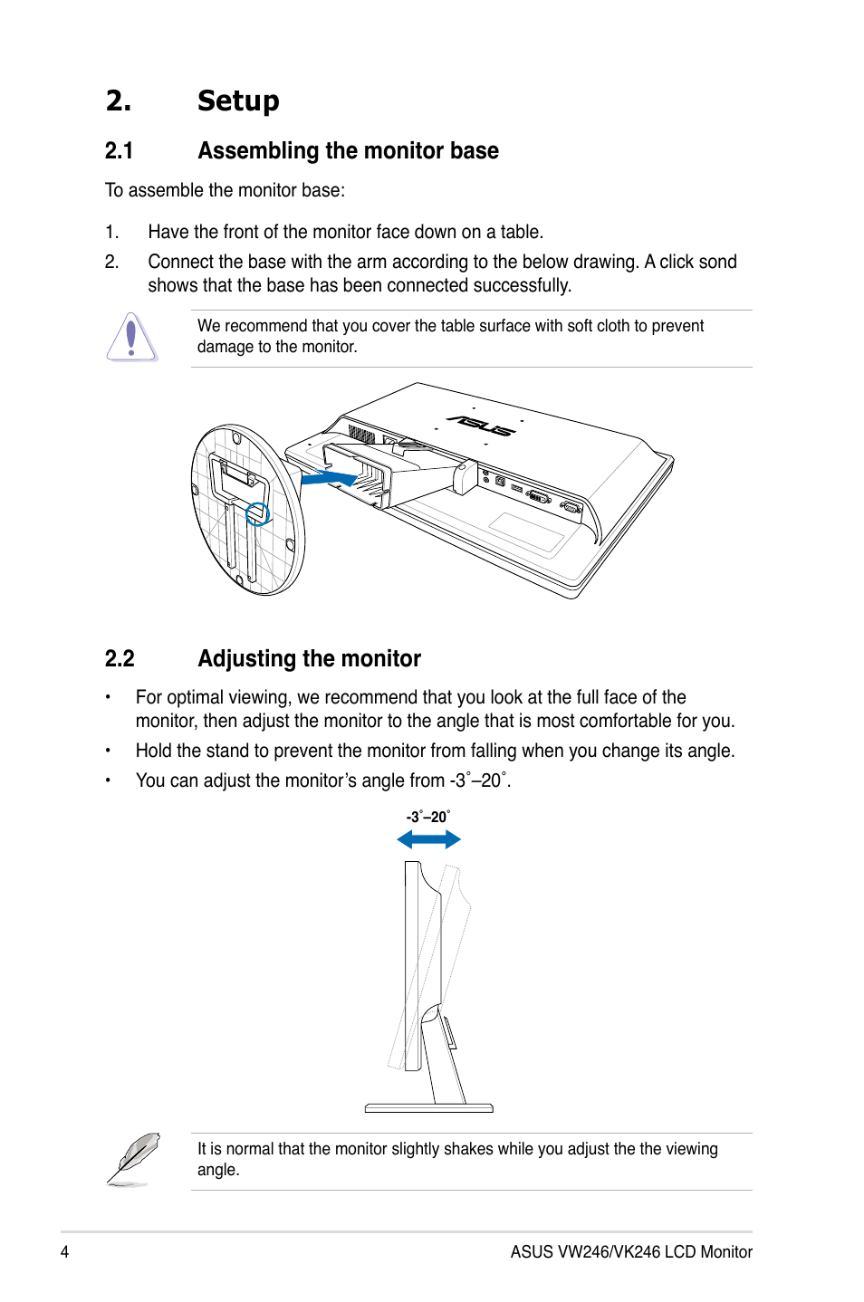 Setup, 1 assembling the monitor base, 2 adjusting the monitor | Setup 2.1, Assembling the monitor base, Adjusting the monitor | Asus VW246H User Manual | Page 12 / 22