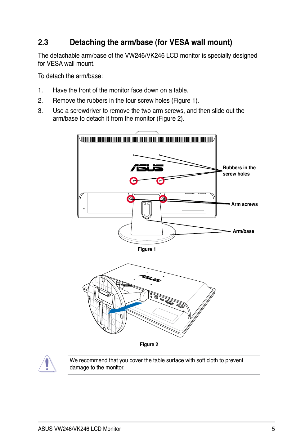 3 detaching the arm/base (for vesa wall mount), Detaching the arm/base (for vesa wall mount) | Asus VW246H User Manual | Page 13 / 22