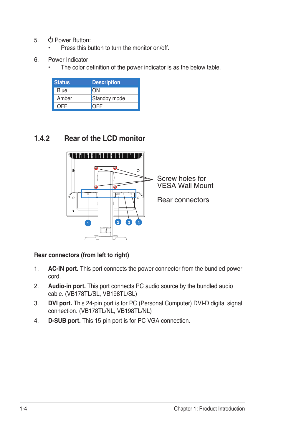 2 rear of the lcd monitor, Screw holes for vesa wall mount rear connectors | Asus VB198TL User Manual | Page 10 / 19