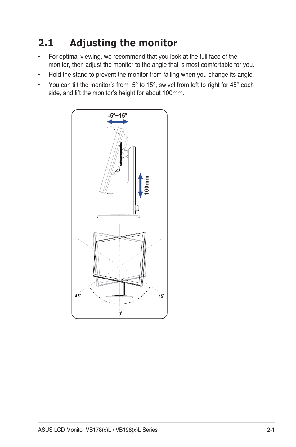 1 adjusting the monitor | Asus VB198TL User Manual | Page 11 / 19