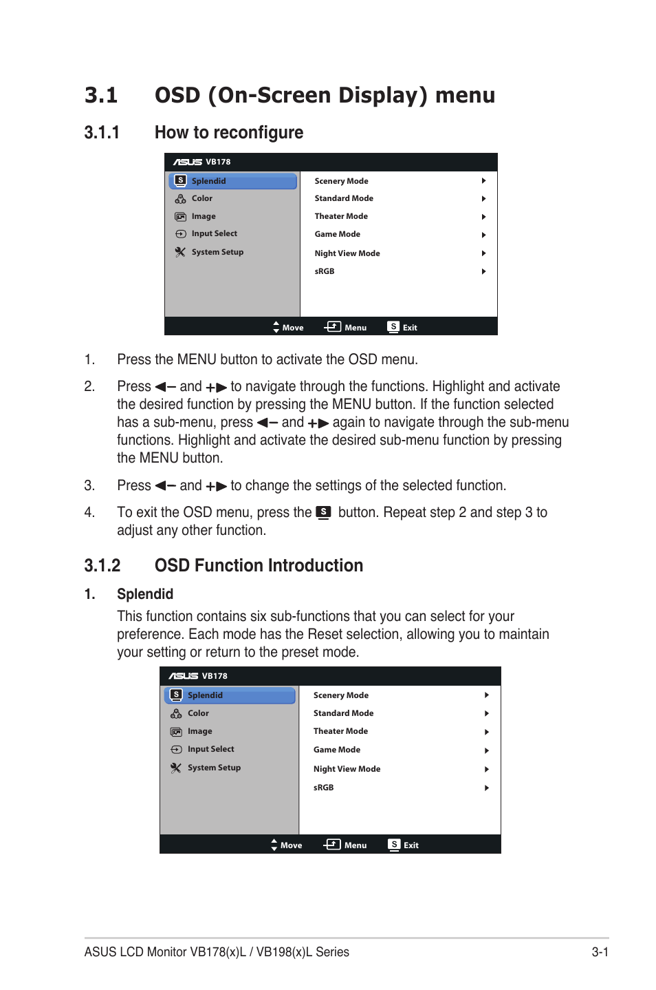 1 osd (on-screen display) menu, 1 how to reconfigure, 2 osd function introduction | Asus VB198TL User Manual | Page 13 / 19