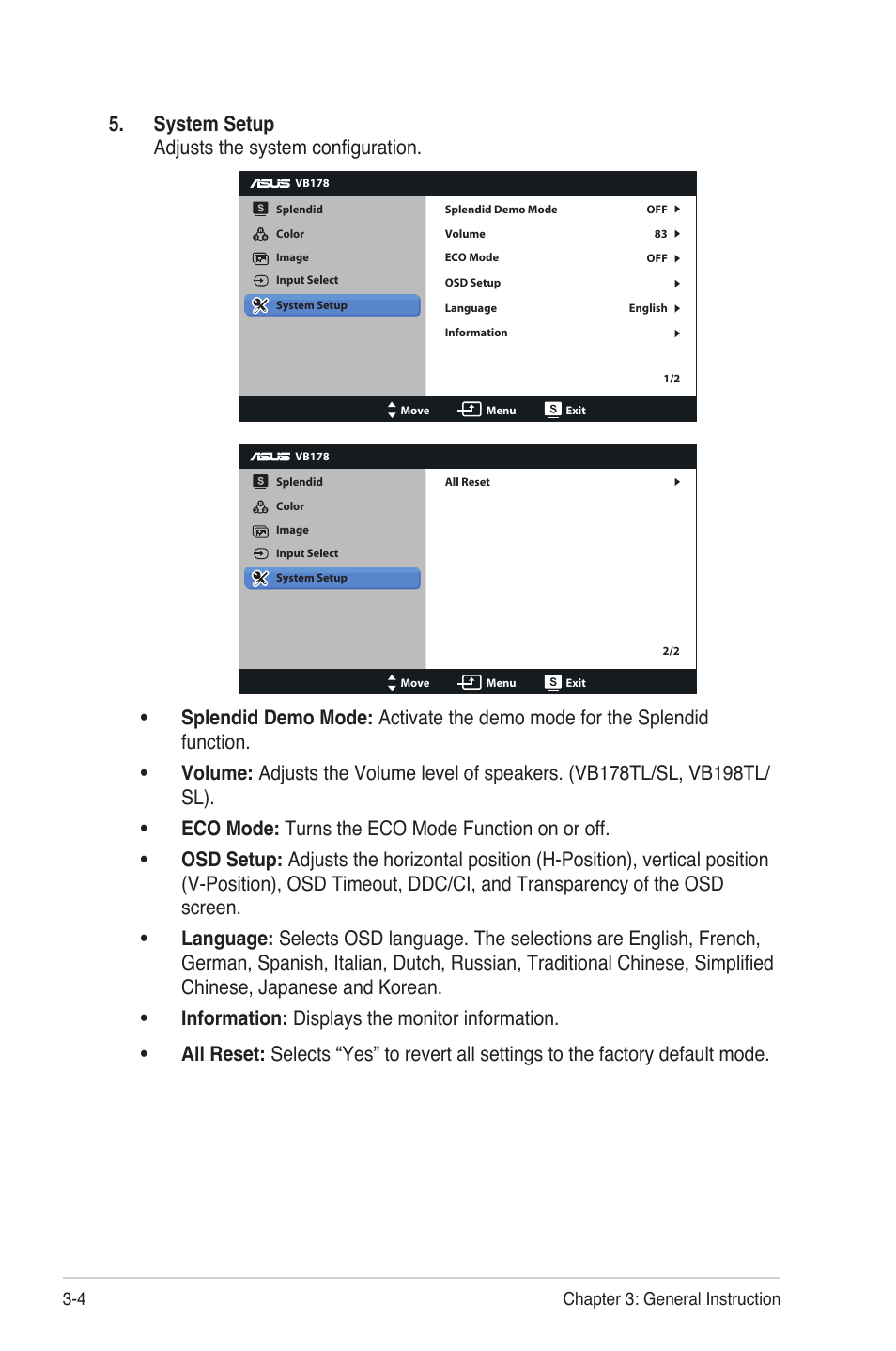 System setup adjusts the system configuration | Asus VB198TL User Manual | Page 16 / 19