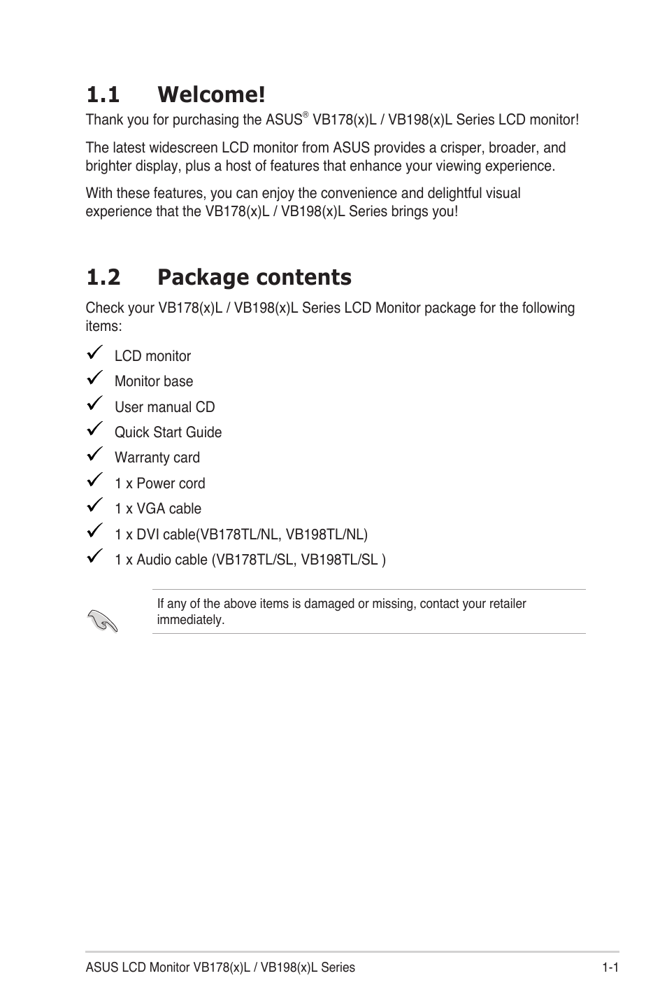 1 welcome, 2 package contents | Asus VB198TL User Manual | Page 7 / 19