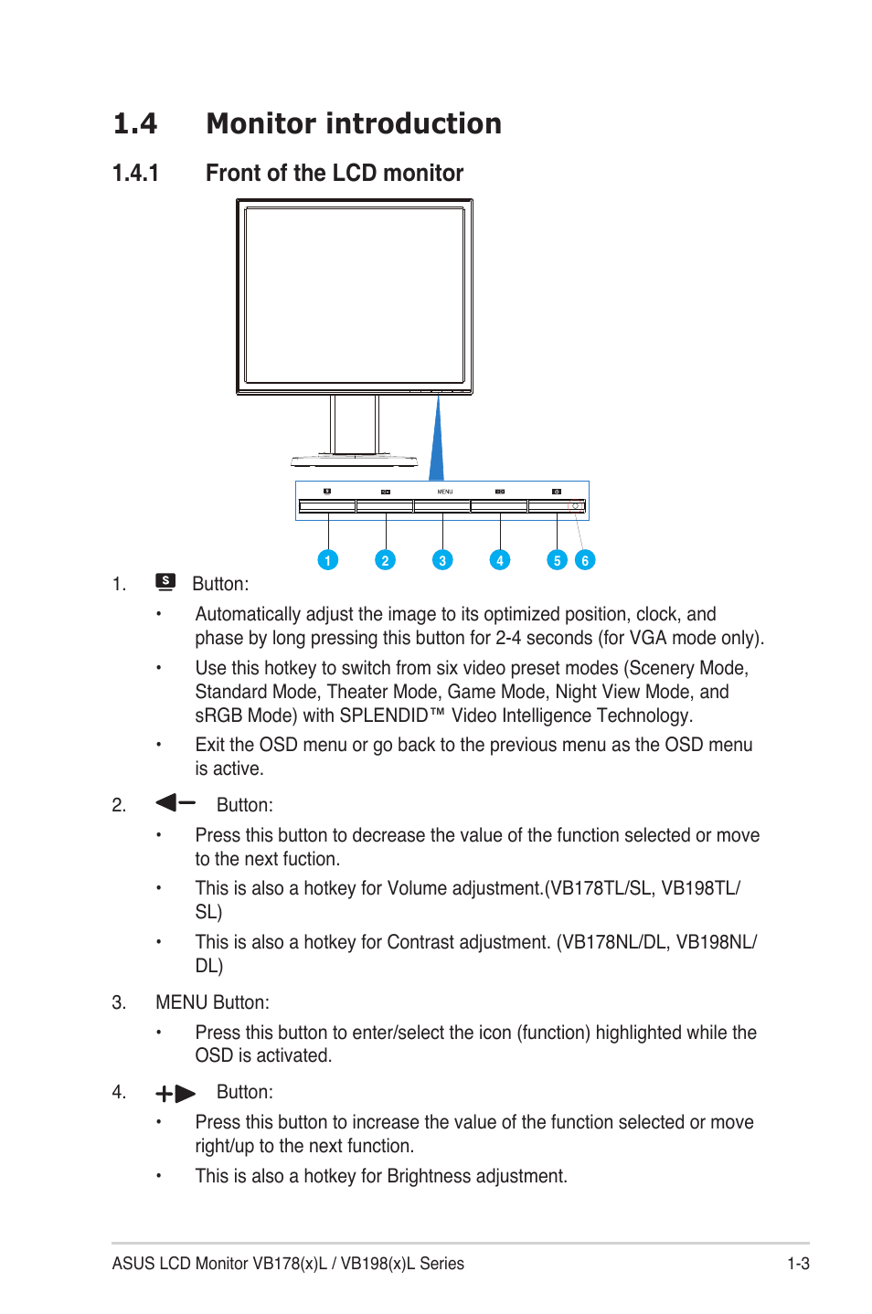 4 monitor introduction, 1 front of the lcd monitor | Asus VB198TL User Manual | Page 9 / 19