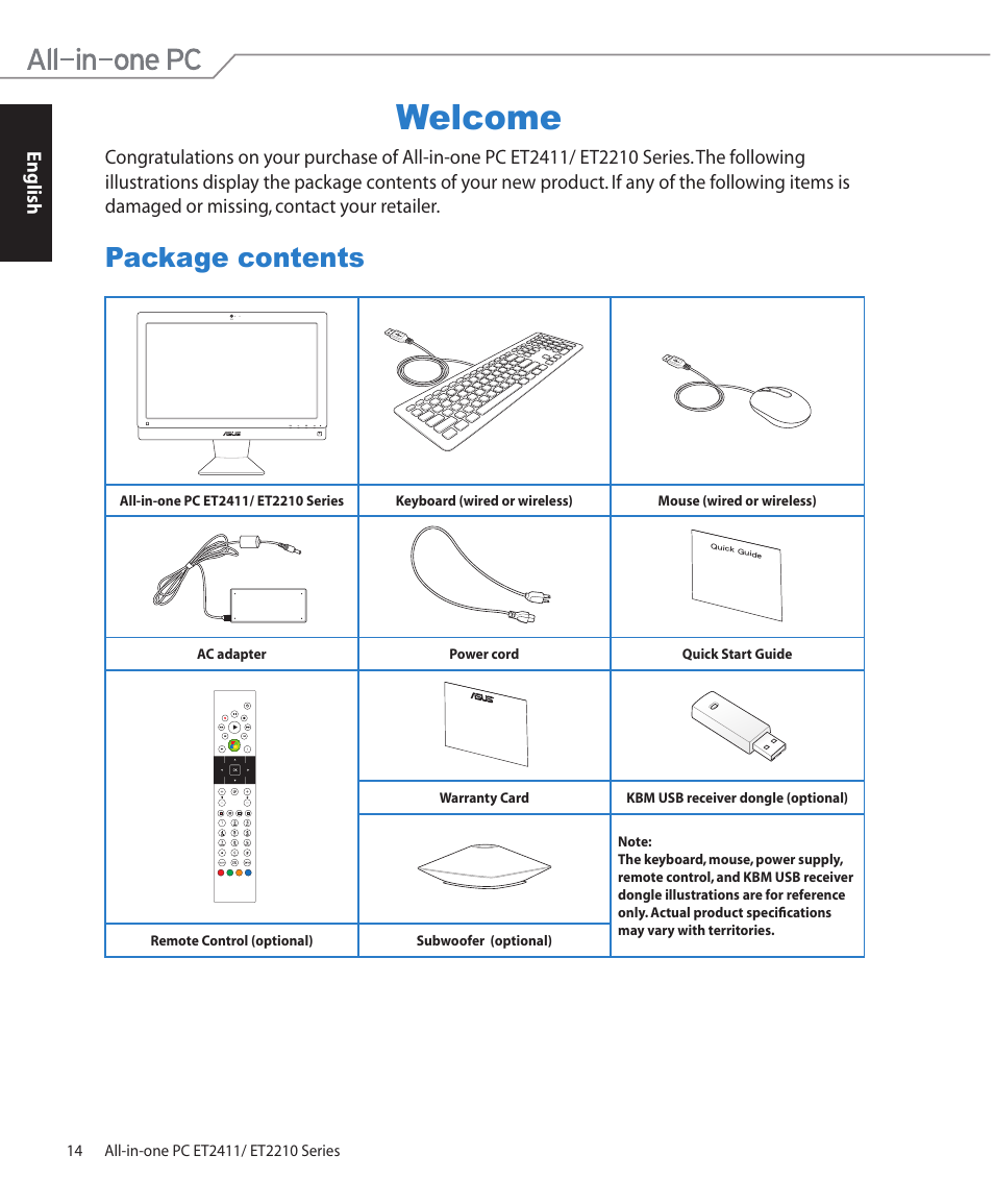 Welcome, Package contents | Asus ET2411IUTI User Manual | Page 14 / 38