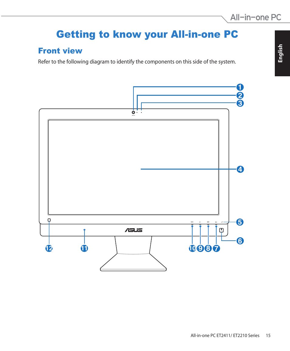 Getting to know your all-in-one pc, Front view | Asus ET2411IUTI User Manual | Page 15 / 38