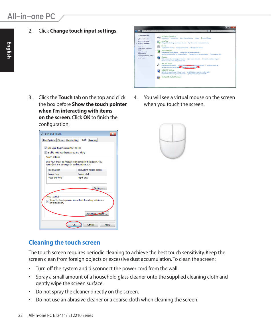 Cleaning the touch screen | Asus ET2411IUTI User Manual | Page 22 / 38