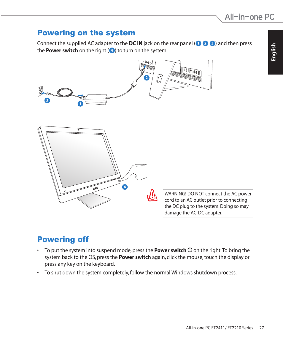 Powering on the system, Powering off, Powering on the system powering off | Asus ET2411IUTI User Manual | Page 27 / 38