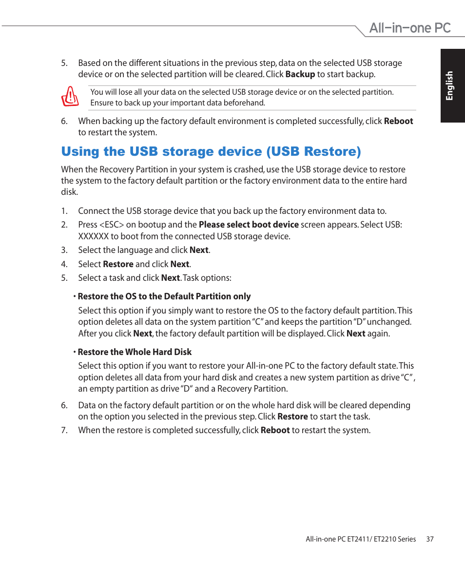 Using the usb storage device (usb restore) | Asus ET2411IUTI User Manual | Page 37 / 38